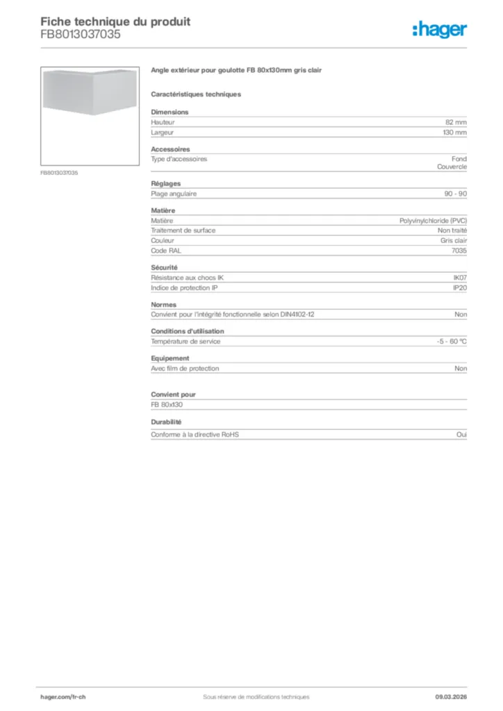 Image Hager Fiche technique du produit FB8013037035 | Hager Suisse