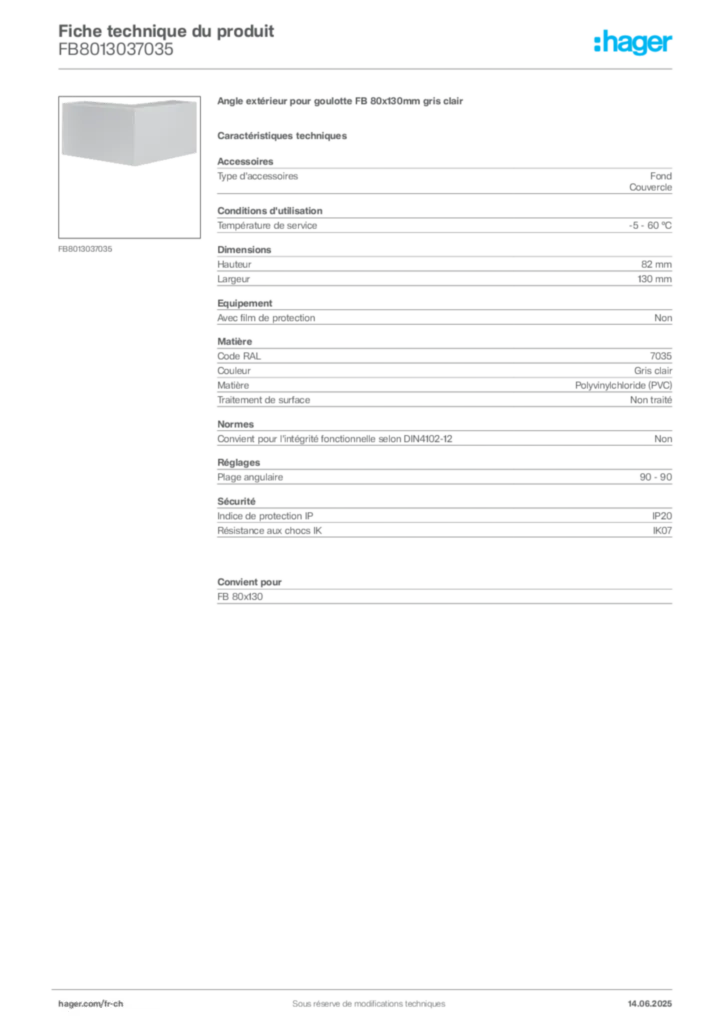 Image Hager Fiche technique du produit FB8013037035 | Hager Suisse