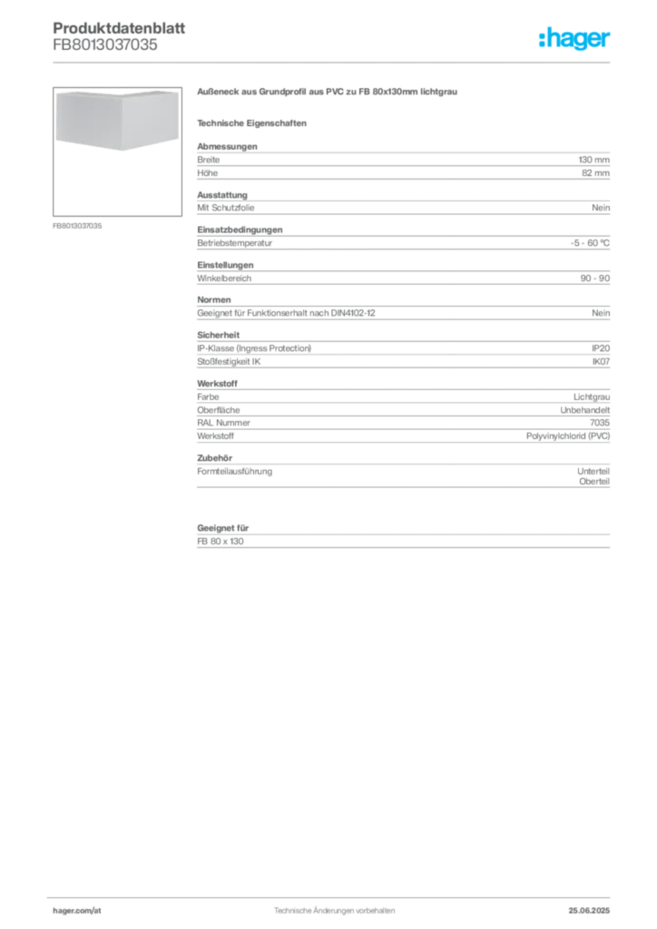Bild Hager Produktdatenblatt FB8013037035 | Hager Deutschland