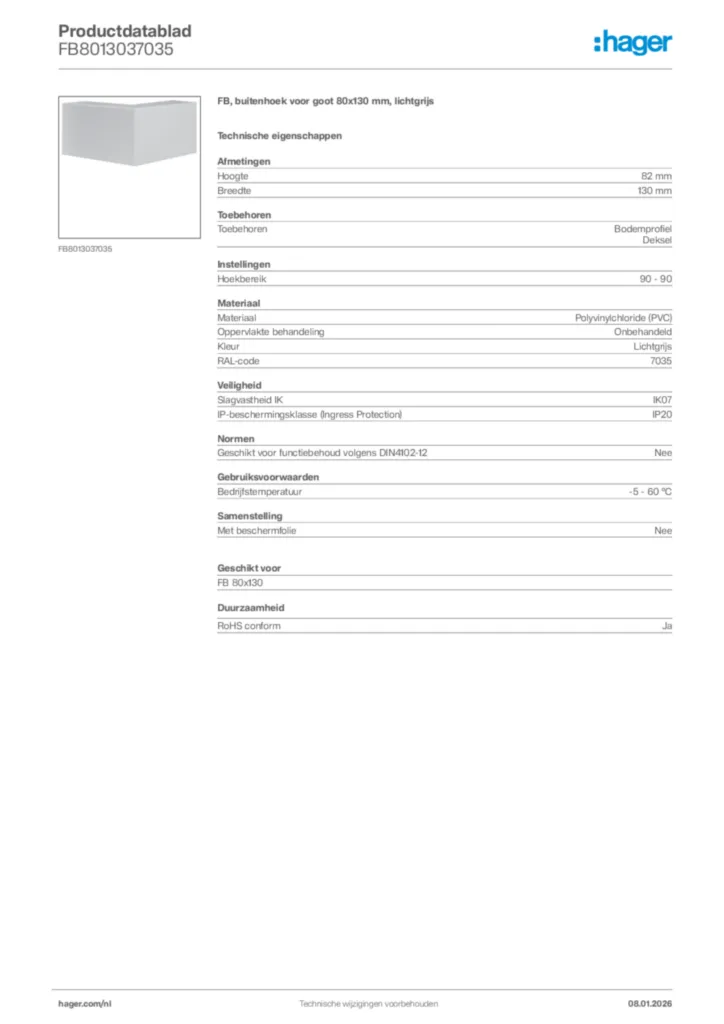 Afbeelding Hager Productdatablad FB8013037035 | Hager Nederland