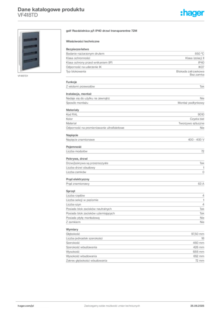 Zdjęcie Hager Karta katalogowa VF418TD | Hager Polska