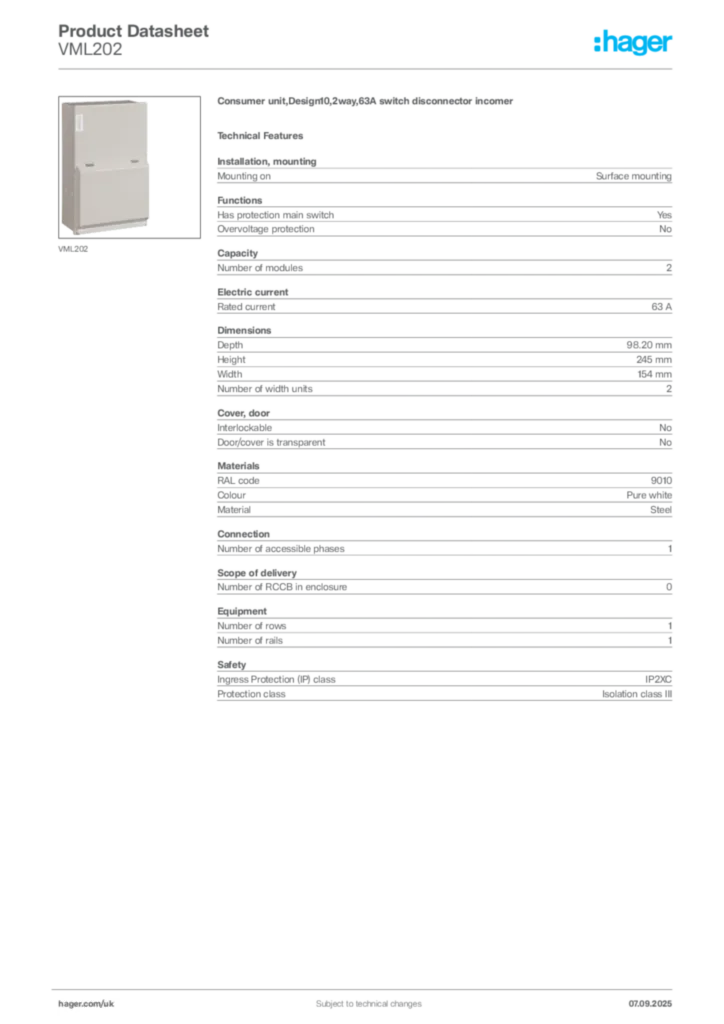 Image Hager Product data sheet VML202  | Hager