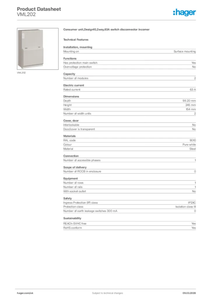 Image Hager Product data sheet VML202  | Hager