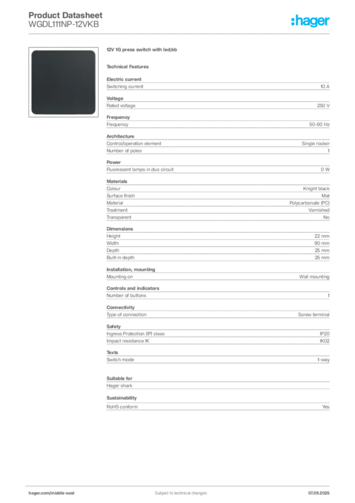 Image Hager Product data sheet WGDL111NP-12VKB  | Hager