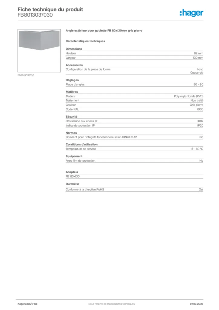 Image Hager Fiche technique du produit FB8013037030 | Hager Belgique