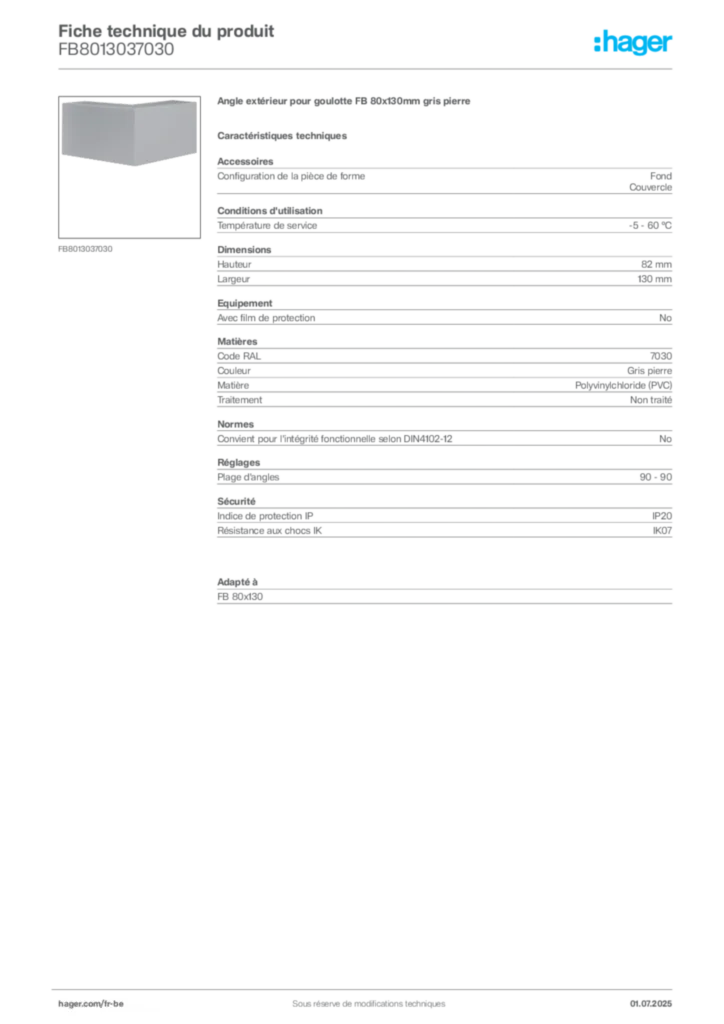 Image Hager Fiche technique du produit FB8013037030 | Hager Belgique