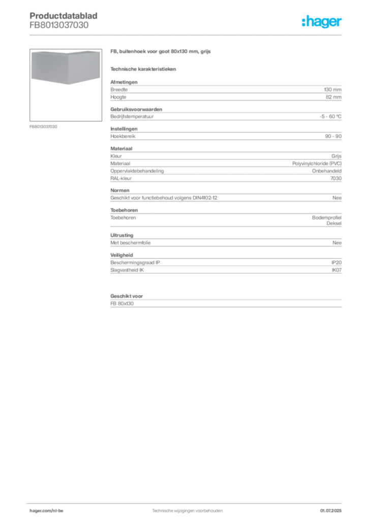 Afbeelding Hager Productdatablad FB8013037030 | Hager Belgium