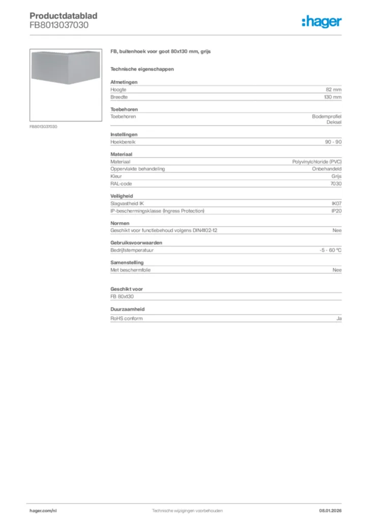 Afbeelding Hager Productdatablad FB8013037030 | Hager Nederland