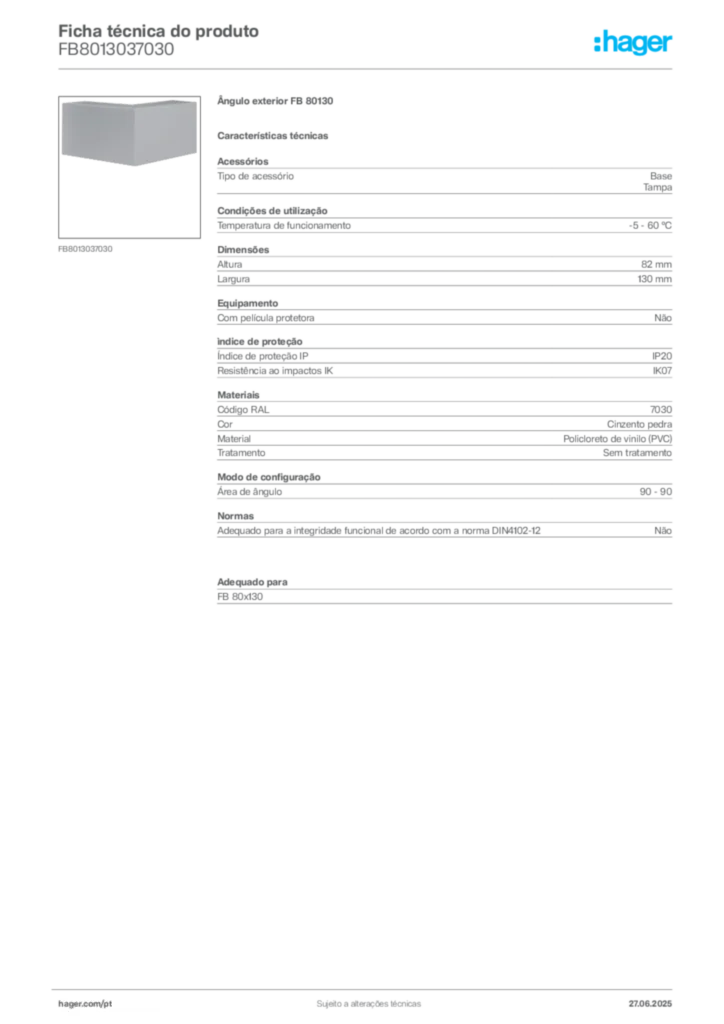 Imagem Hager Ficha técnica do produto FB8013037030 | Hager Portugal