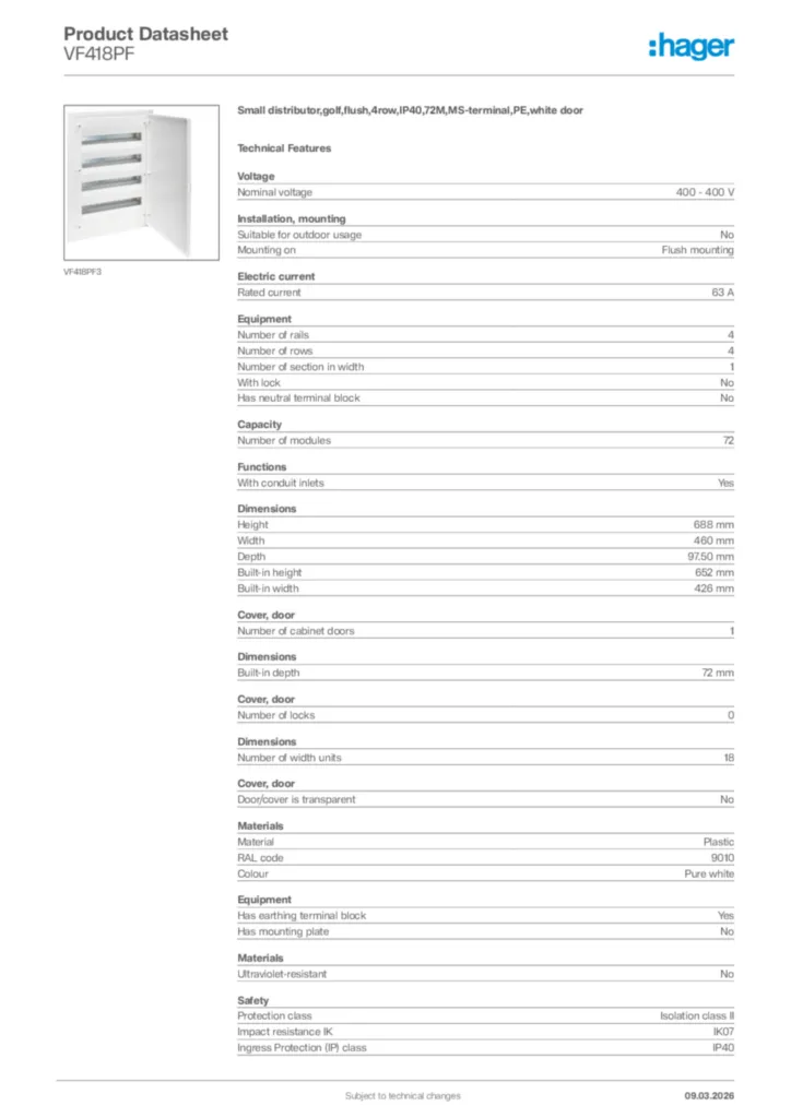 Image Hager Product data sheet VF418PF  | Hager Africa