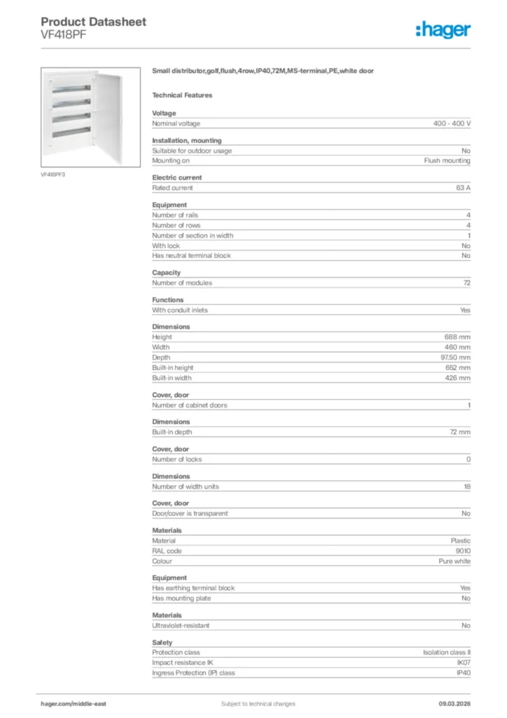 Image Hager Product data sheet VF418PF  | Hager