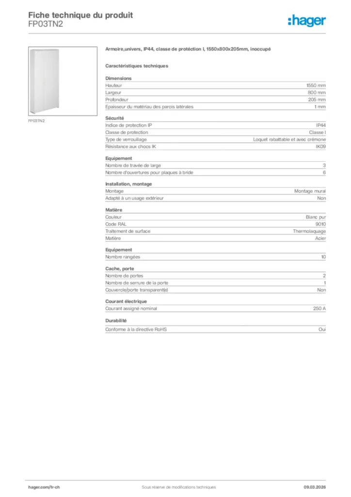 Image Hager Fiche technique du produit FP03TN2 | Hager Suisse