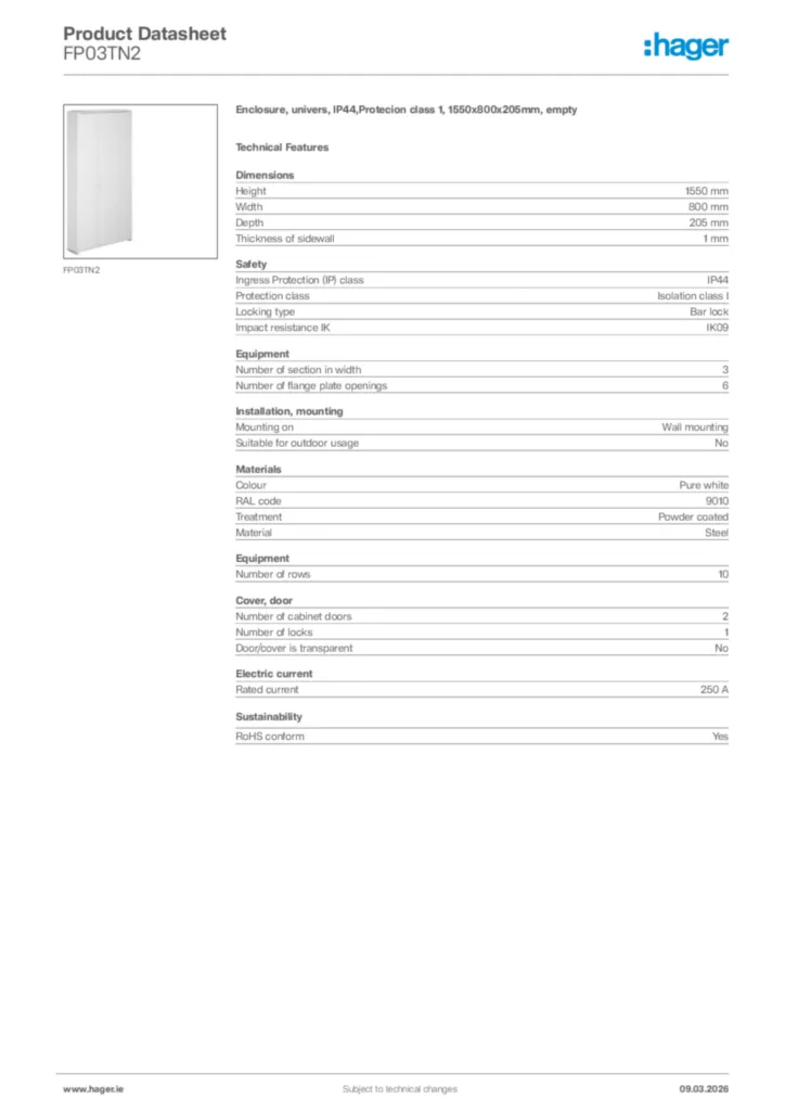 Image Hager Product data sheet FP03TN2  | Hager