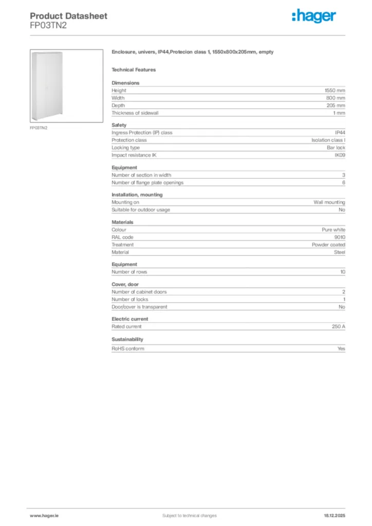 Image Hager Product data sheet FP03TN2  | Hager