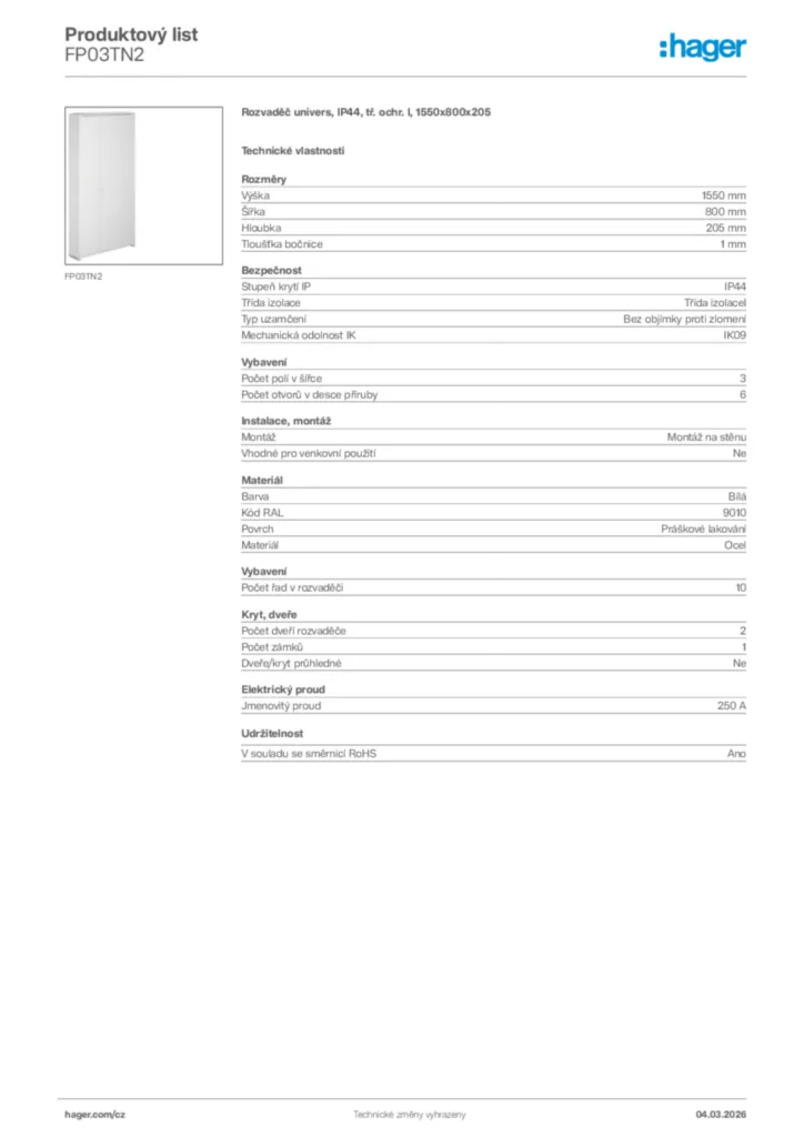 Obrázek Hager Product data sheet FP03TN2 | Hager