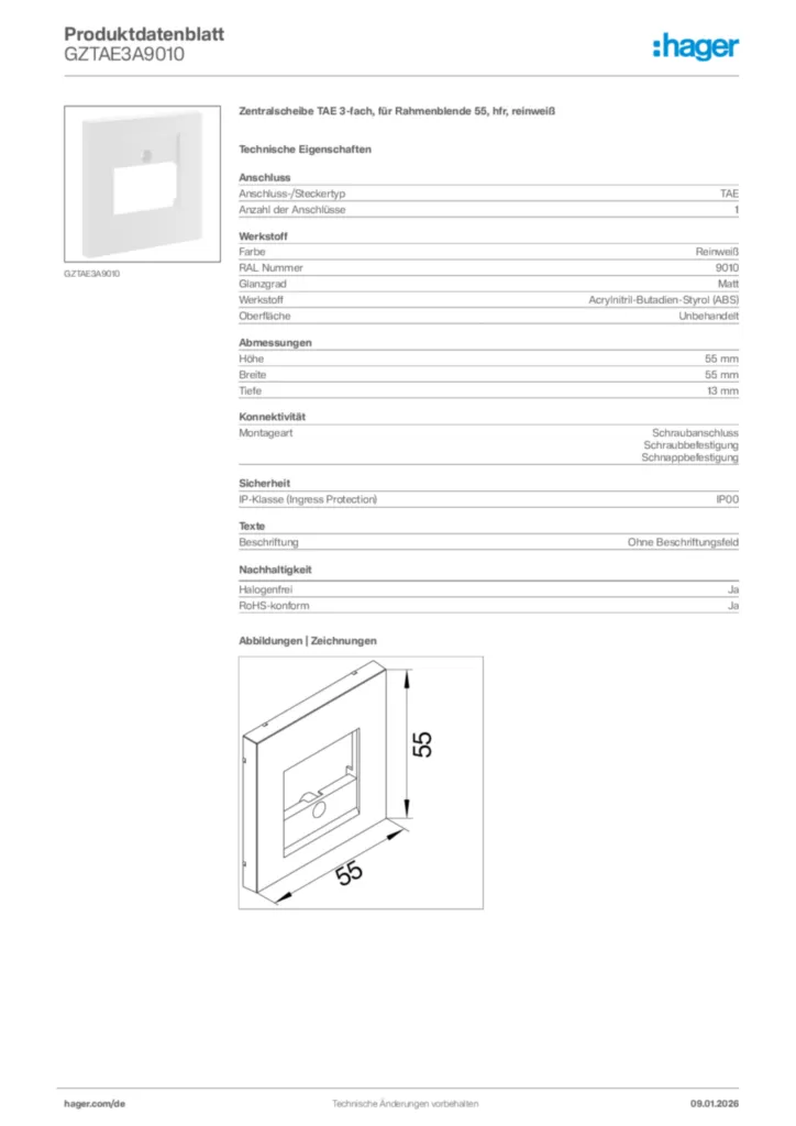 Bild Hager Produktdatenblatt GZTAE3A9010 | Hager Deutschland