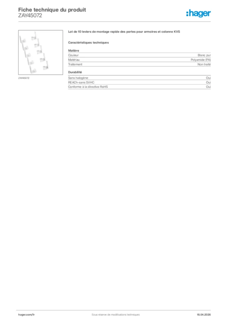 Image Hager Fiche technique du produit ZAY45072 | Hager France