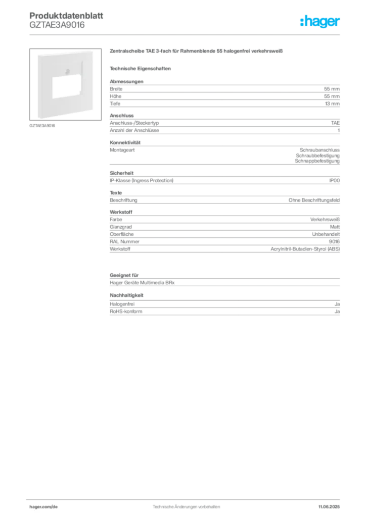 Hager Produktdatenblatt GZTAE3A9016