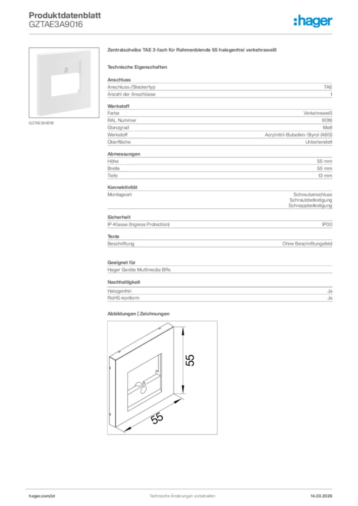 Bild Hager Produktdatenblatt GZTAE3A9016 | Hager Deutschland