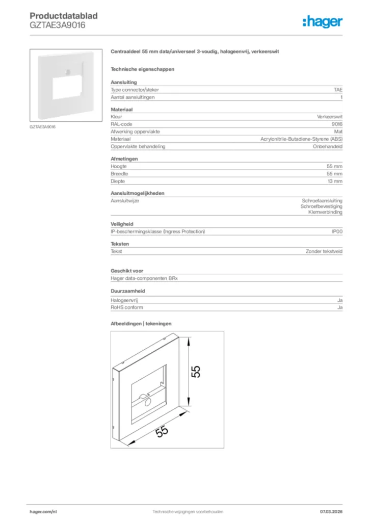 Afbeelding Hager Productdatablad GZTAE3A9016 | Hager Nederland