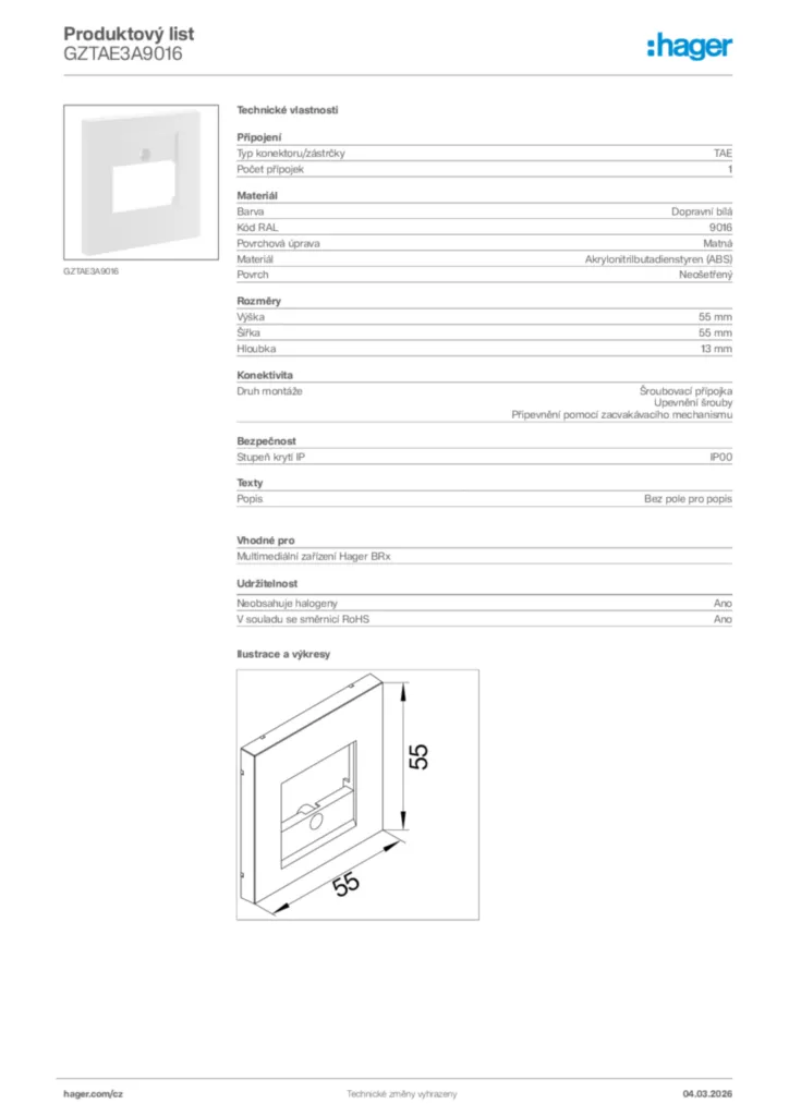 Obrázek Hager Product data sheet GZTAE3A9016 | Hager