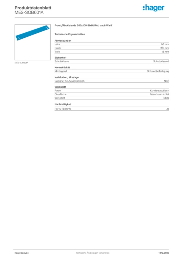 Bild Hager Produktdatenblatt MES-SOB601A | Hager Deutschland