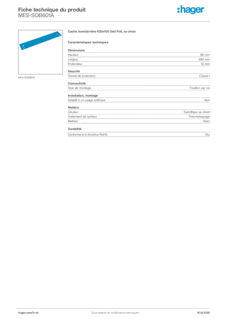 Image Hager Fiche technique du produit MES-SOB601A | Hager Suisse