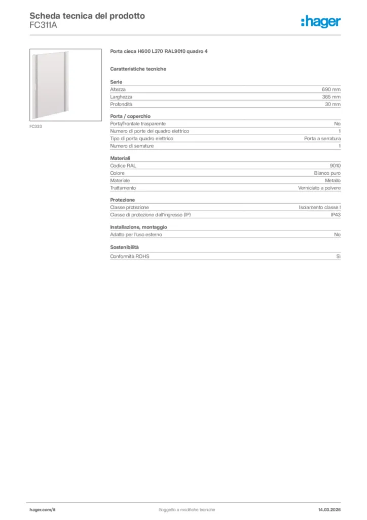 Immagine Hager Scheda tecnica del prodotto FC311A | Hager Italia
