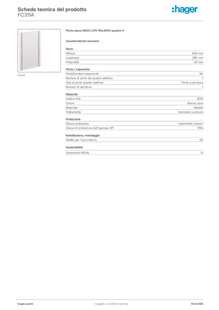 Immagine Hager Scheda tecnica del prodotto FC311A | Hager Italia