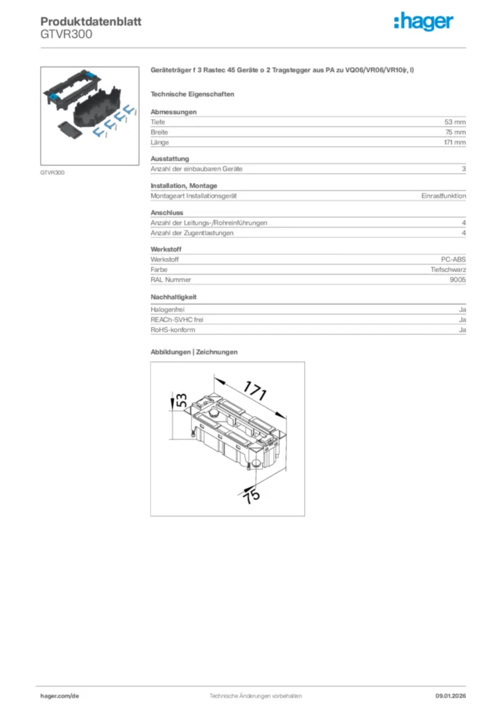 Bild Hager Produktdatenblatt GTVR300 | Hager Deutschland