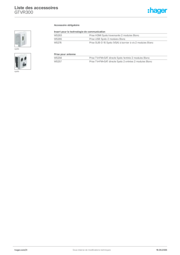 Image Hager Fiche technique du produit GTVR300 | Hager France