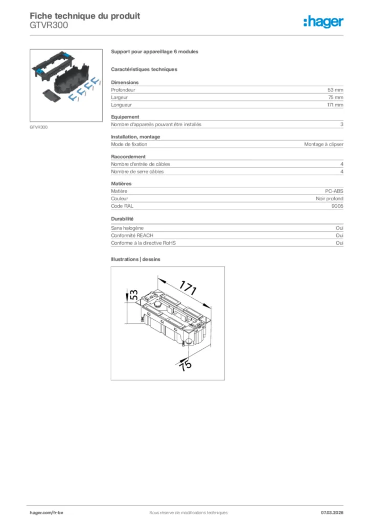 Image Hager Fiche technique du produit GTVR300 | Hager Belgique