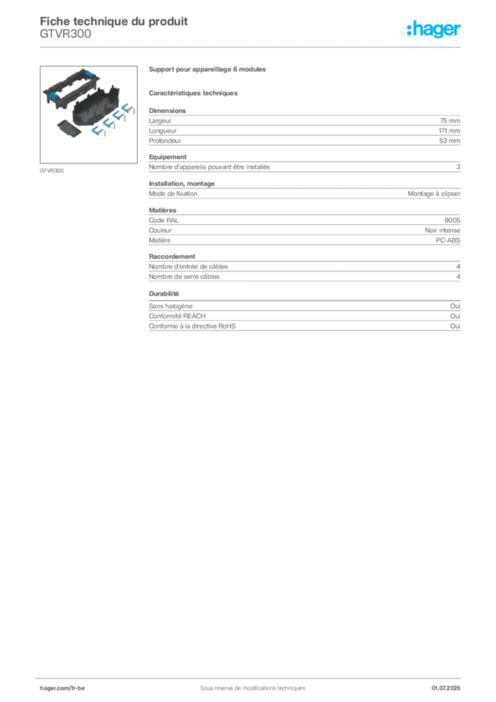 Image Hager Fiche technique du produit GTVR300 | Hager Belgique
