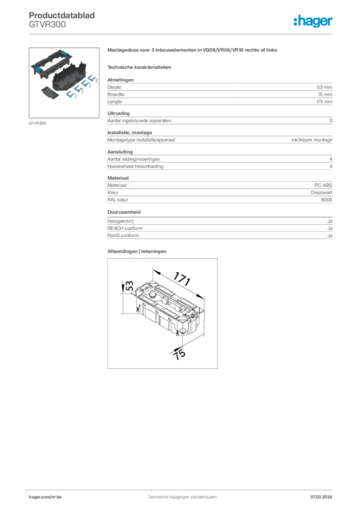 Afbeelding Hager Productdatablad GTVR300 | Hager Belgium