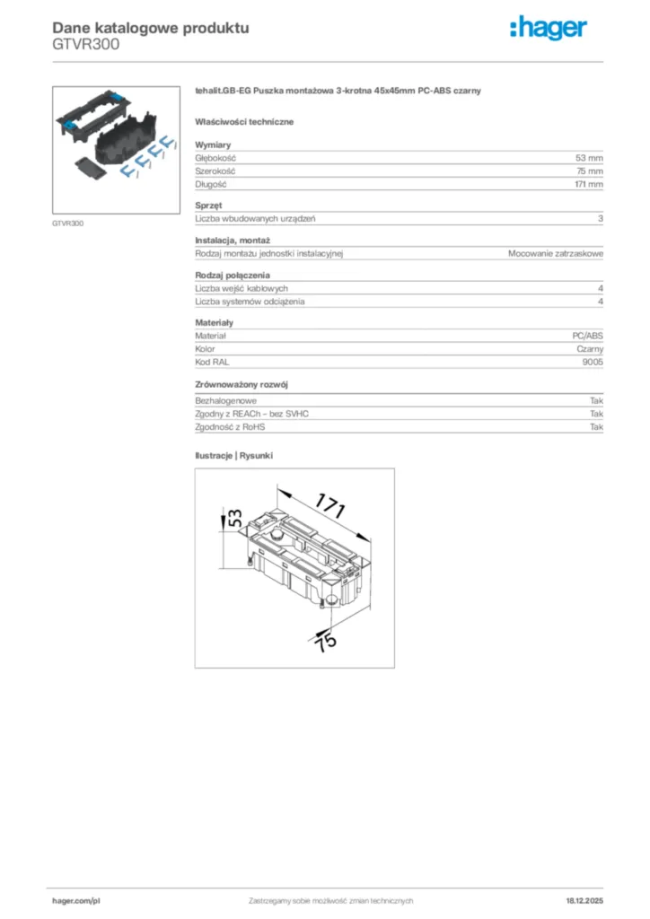 Zdjęcie Hager Karta katalogowa GTVR300 | Hager Polska