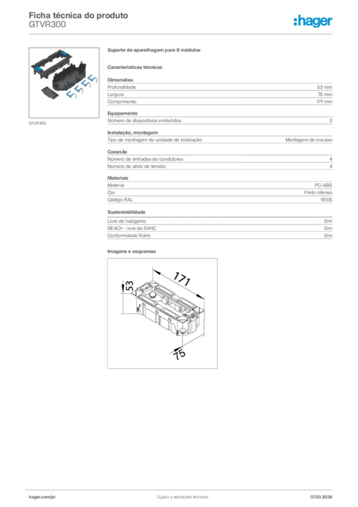 Imagem Hager Ficha técnica do produto GTVR300 | Hager Portugal