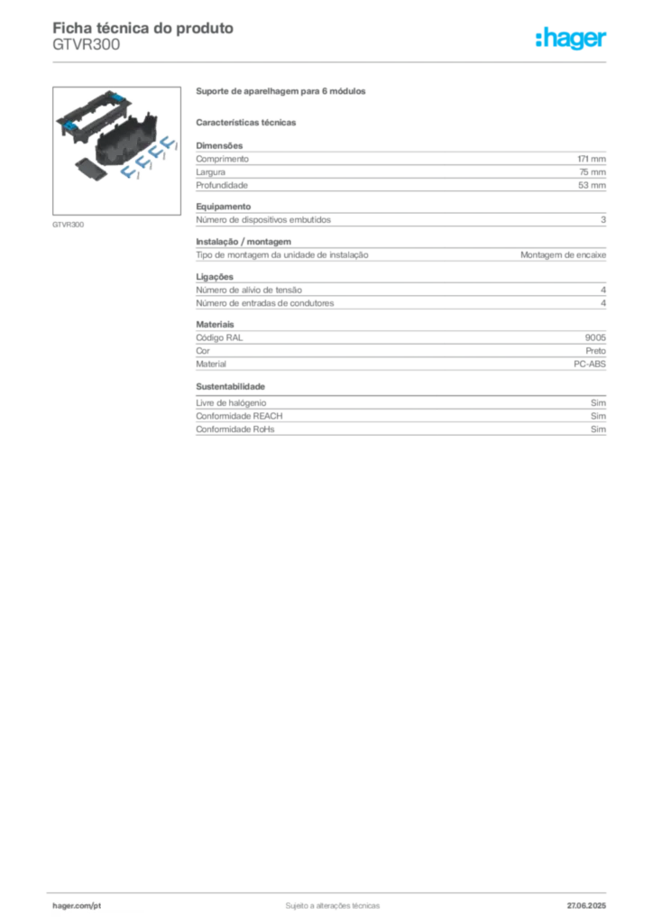 Imagem Hager Ficha técnica do produto GTVR300 | Hager Portugal