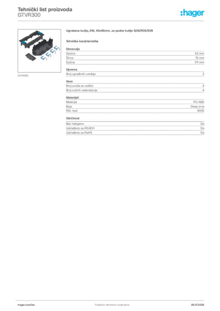 Slika Hager Product data sheet GTVR300  | Hager