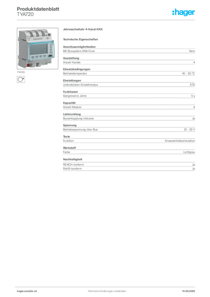 Bild Hager Produktdatenblatt TYA720 | Hager Schweiz