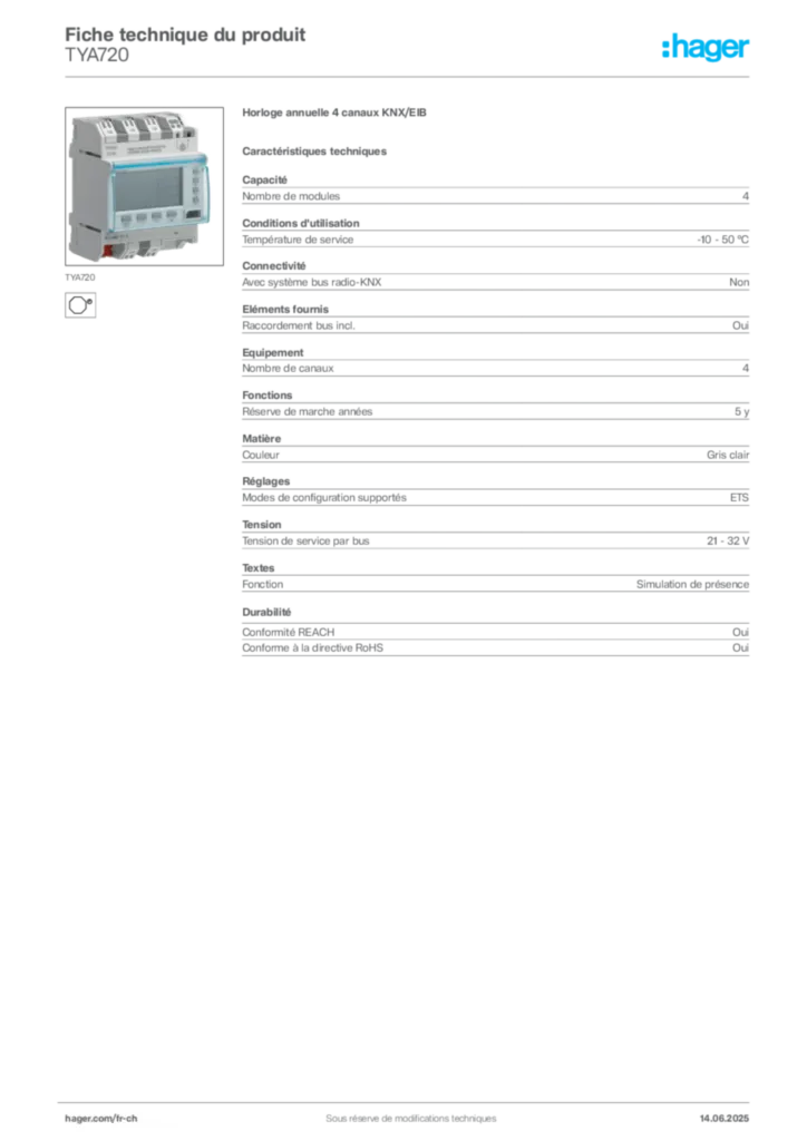 Image Hager Fiche technique du produit TYA720 | Hager Suisse