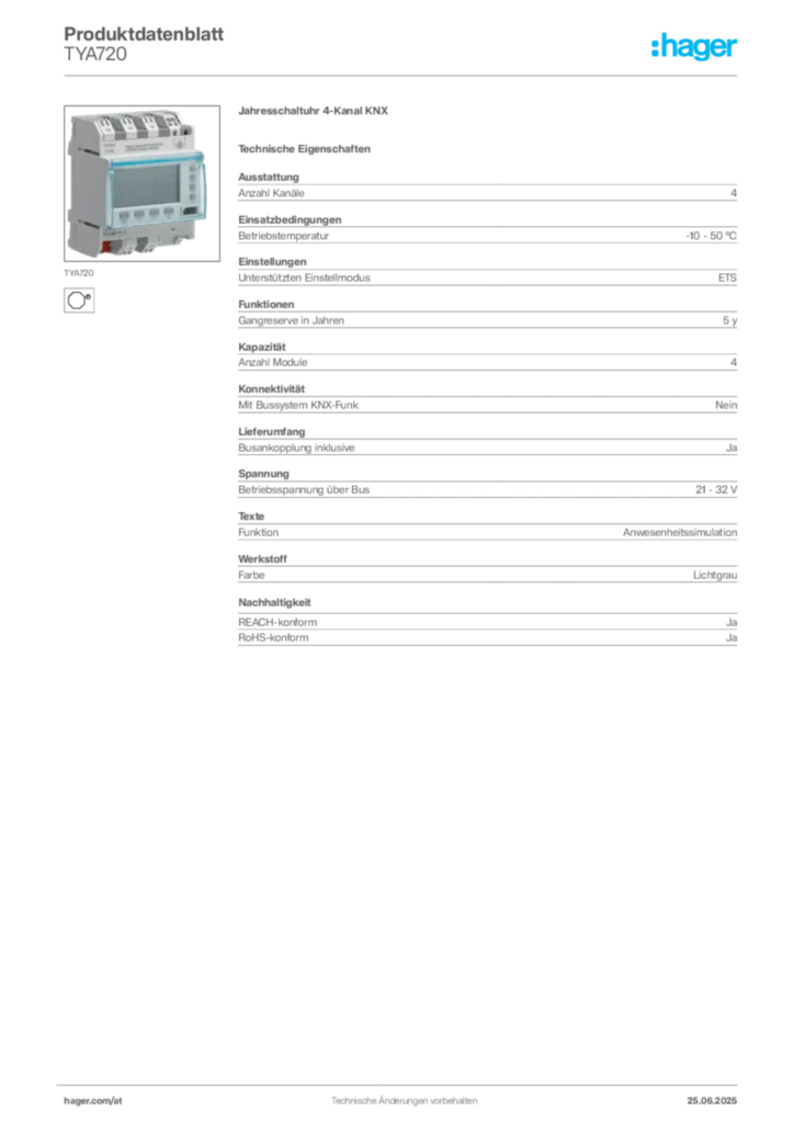 Bild Hager Produktdatenblatt TYA720 | Hager Deutschland