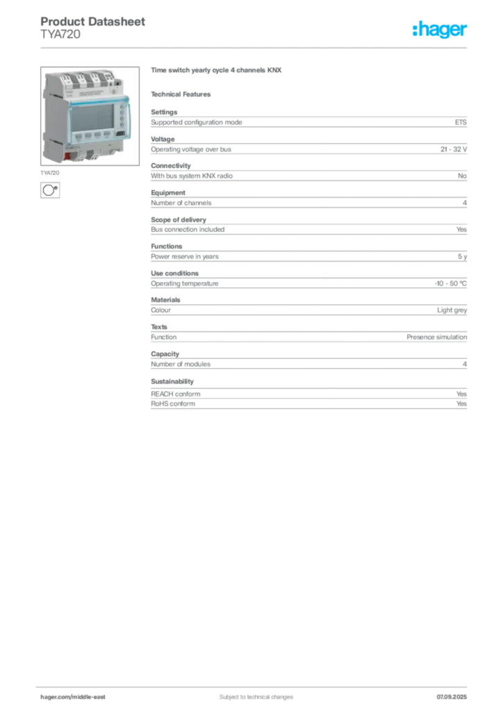 Image Hager Product data sheet TYA720  | Hager