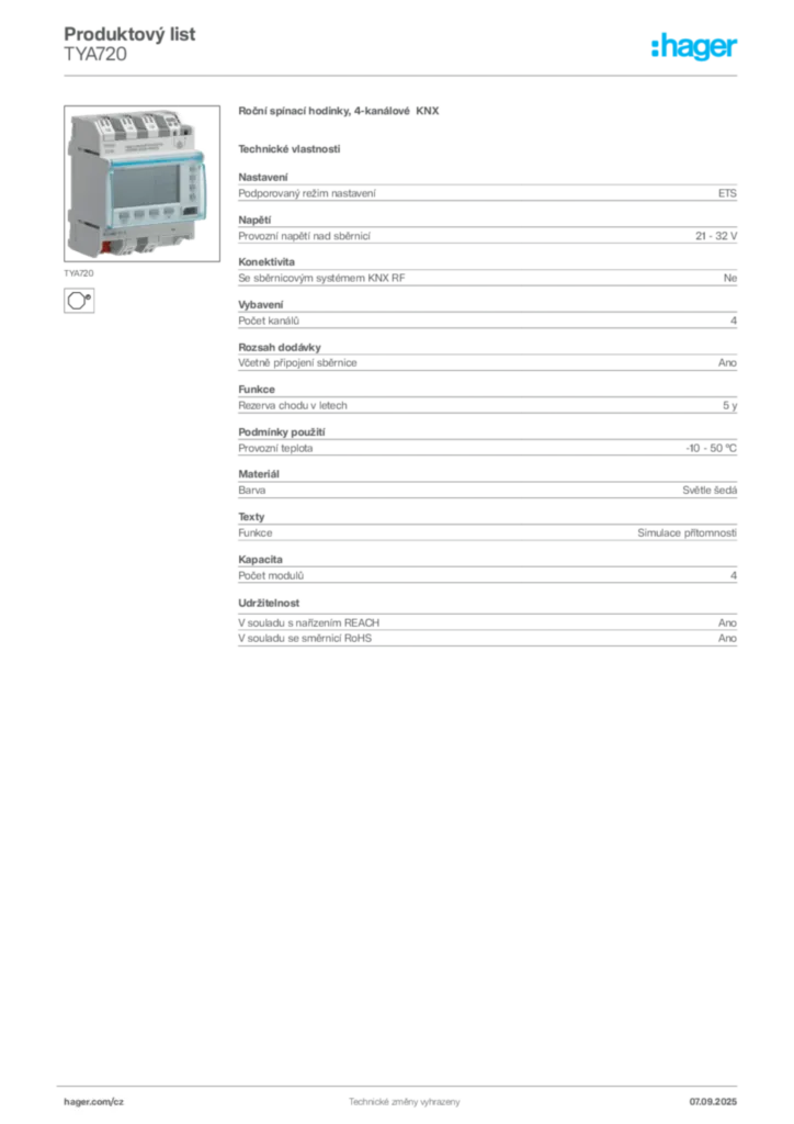 Obrázek Hager Produktový list TYA720 | Hager