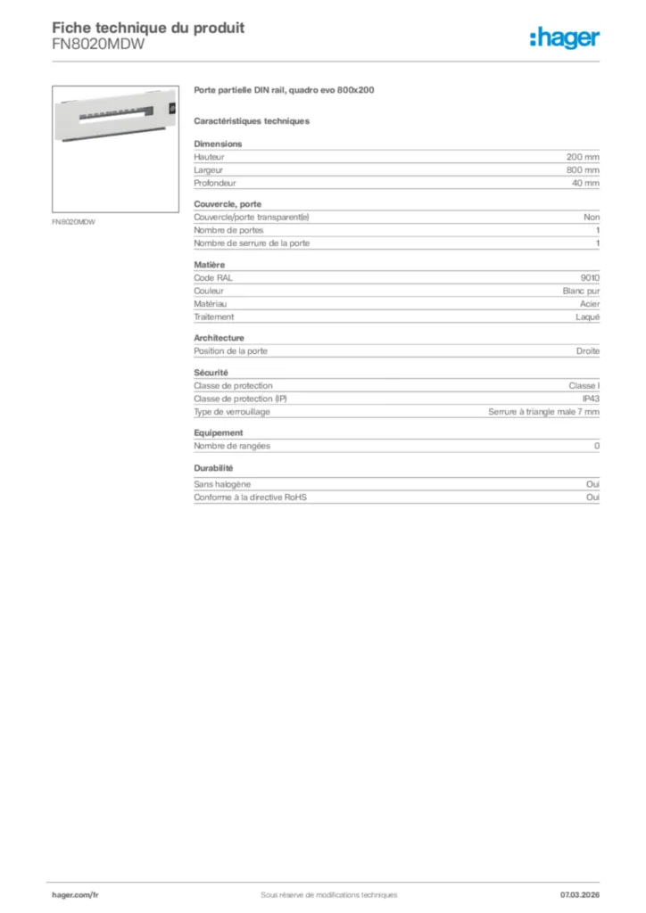 Image Hager Fiche technique du produit FN8020MDW | Hager France