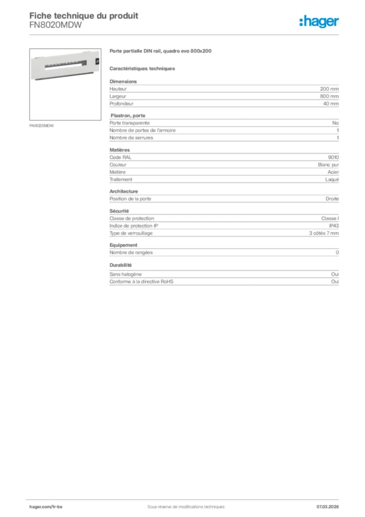 Image Hager Fiche technique du produit FN8020MDW | Hager Belgique