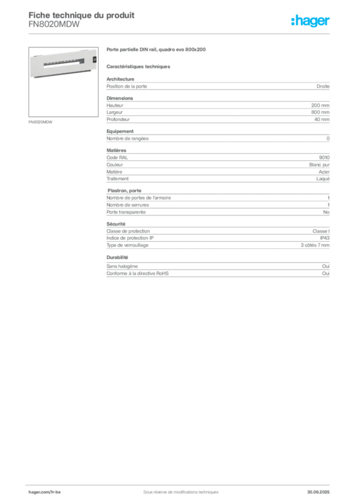 Image Hager Fiche technique du produit FN8020MDW | Hager Belgique