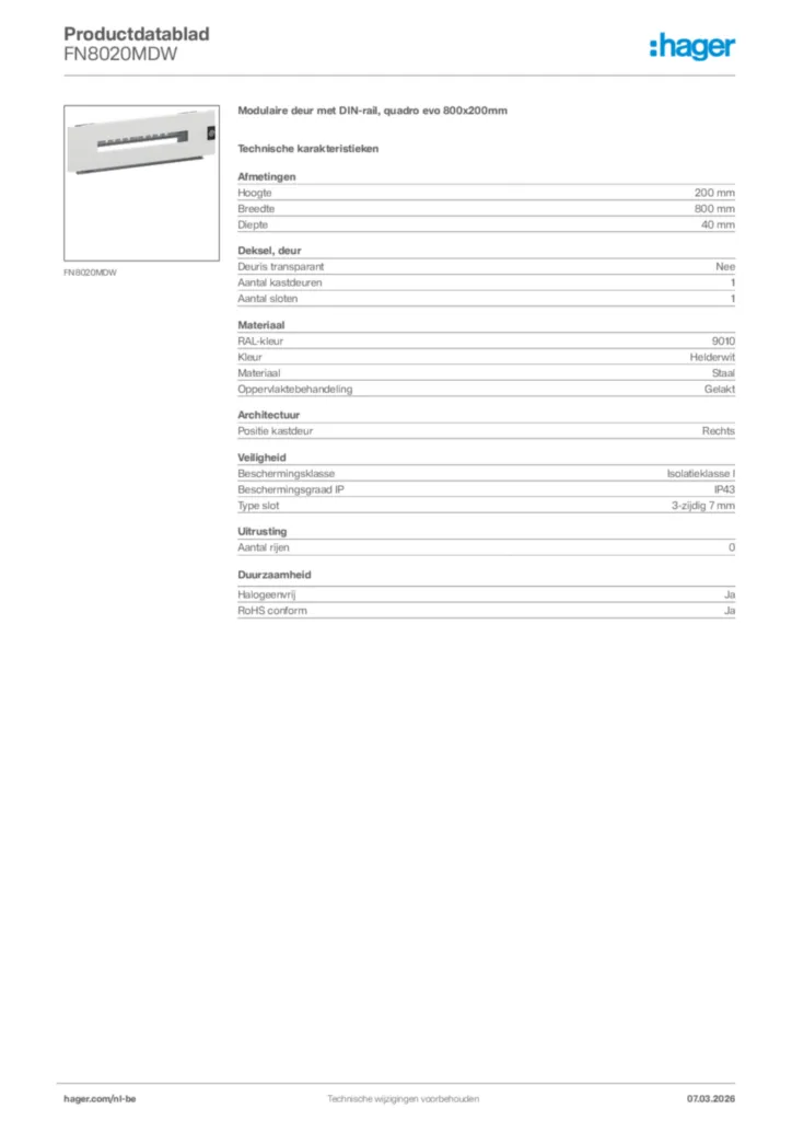 Afbeelding Hager Productdatablad FN8020MDW | Hager Belgium