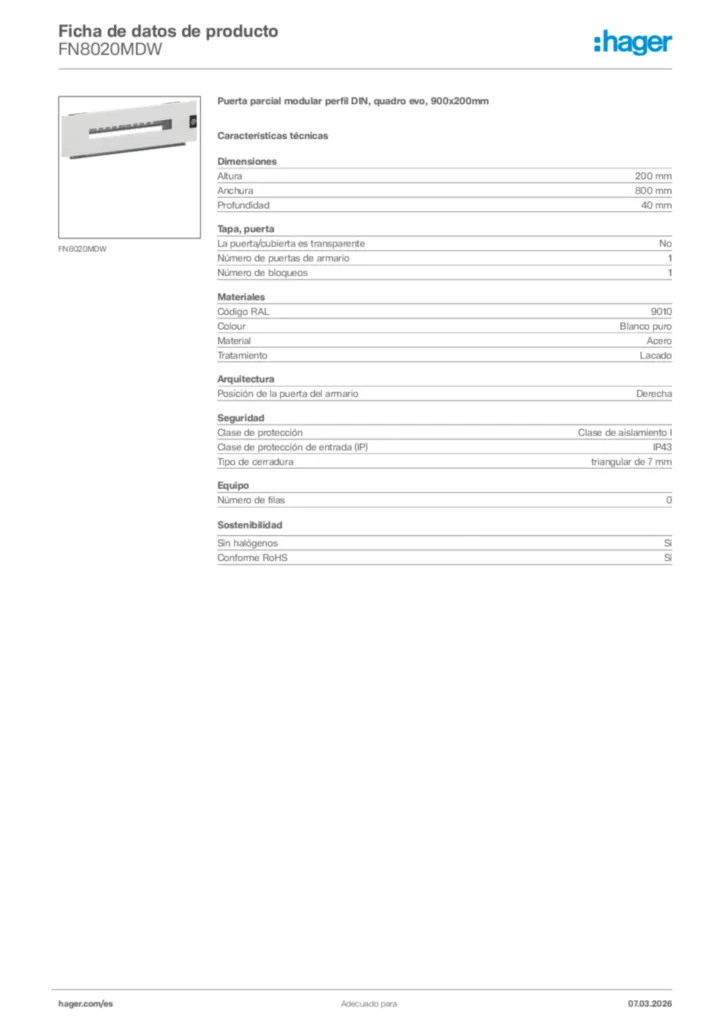 Imagen Hager Ficha de datos de producto FN8020MDW | Hager España