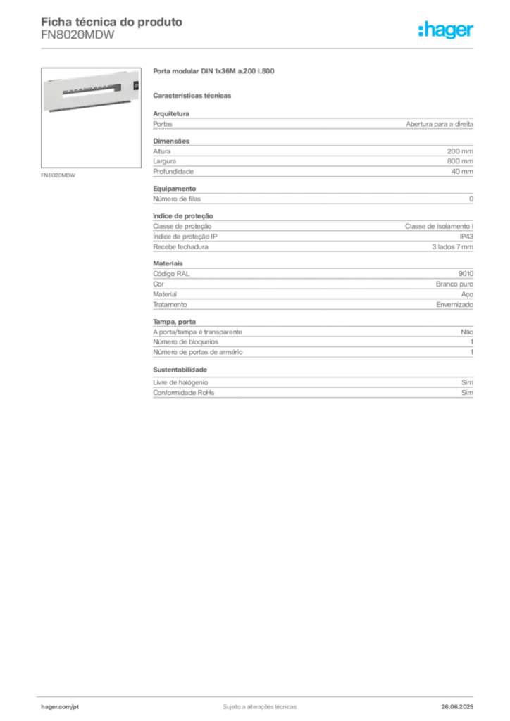 Imagem Hager Ficha técnica do produto FN8020MDW | Hager Portugal