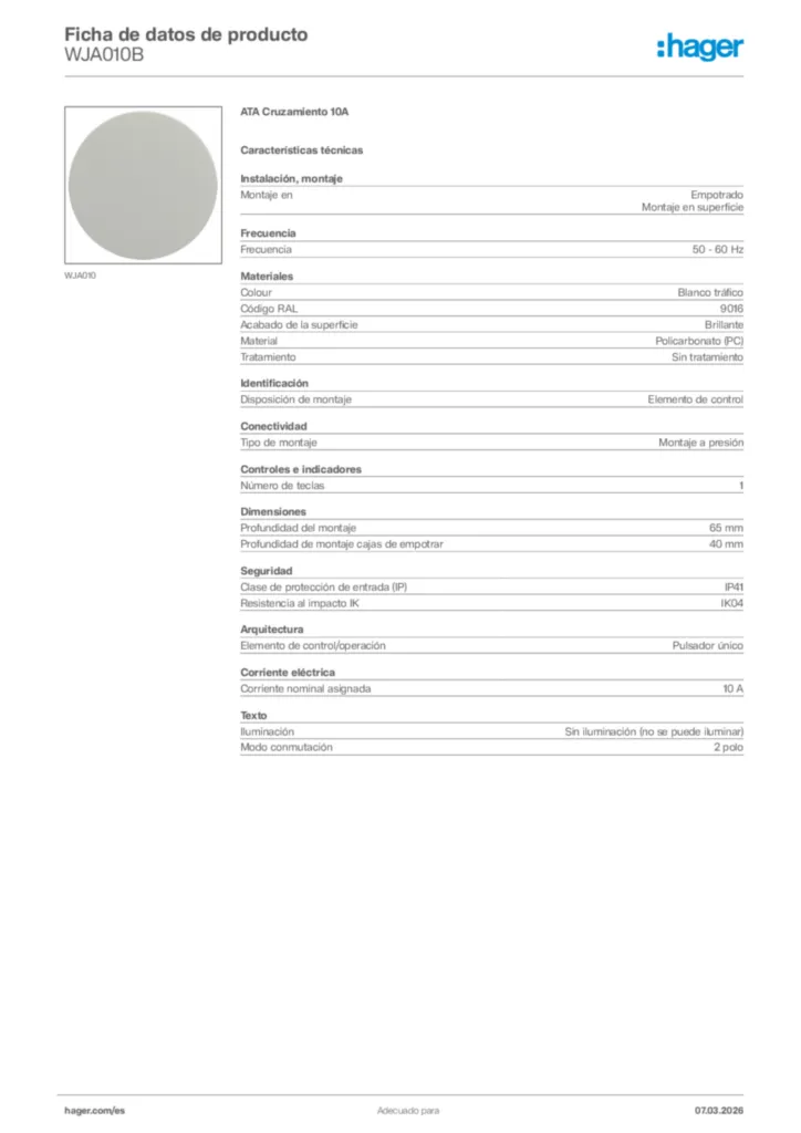 Imagen Hager Ficha de datos de producto WJA010B | Hager España